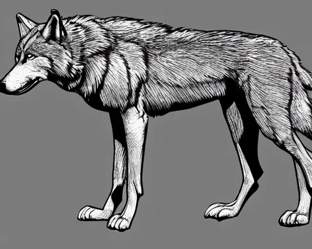 Image similar to professional digital art of a full-body outline of a wolf, very simple, no color, high quality, HD, 8K,