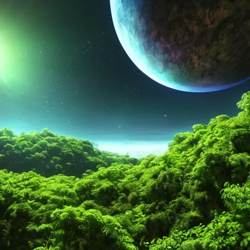 Image similar to cinema 4D cinematic render, utopian jungle in space , Galaxy in the sky, a detailed zoned in human anatomy veins, nature, heavy green, dramatic lens flares,far view apes hanging from vines, a evil dark sun , depth field, unreal engine, sharp, incredible detail, professional composition, quality digital art, 4k, 4k concept art and hyper realism