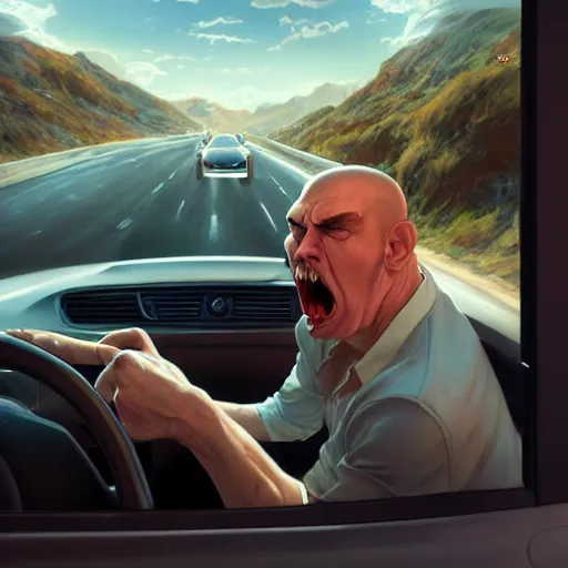 Image similar to Angry man inside a car is having a road rage, highly detailed, professional digital painting, Unreal Engine 5, Photorealism, HD quality, 8k resolution, cinema 4d, 3D, cinematic, art by artgerm and greg rutkowski and alphonse mucha and loish and WLOP