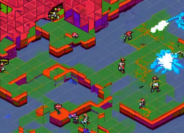 Image similar to isometric Shoot ’em up shmup, Twin-stick shooter, shmup, Run and gun, pixel graphics, pixel art, retro tube