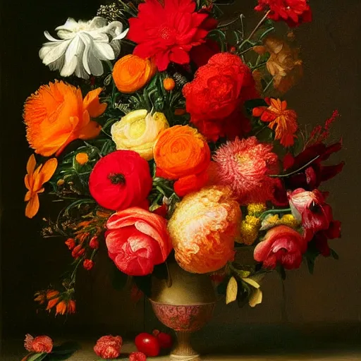 Image similar to lush floral bouquet in reds oranges yellows greens by rachel ruysch