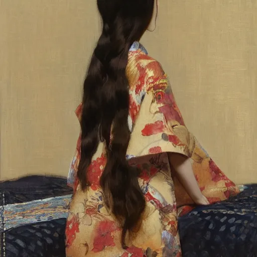 Prompt: girl with long wavy hair, in kimono with koi pattern, backview, sitting on edge of bed, by jeremy lipking, serge marshennikov, joseph todorovitch