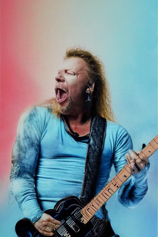 Image similar to hyperrealism, fluorescent james hetfield from metallica singing and playing an electric guitar and floating in indigo space with light blue brutalist architecture in the horizon, realistic face, photorealistic, vivid colours, cinematic, 4 k, high resolution