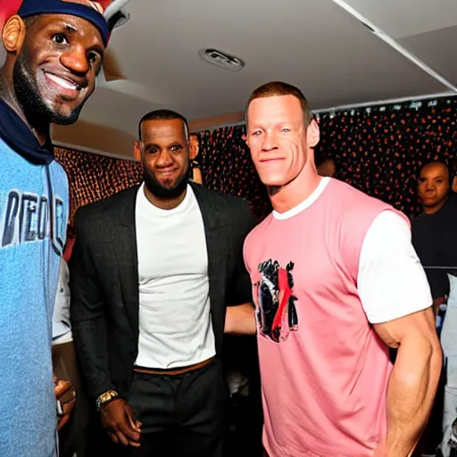 Image similar to lebron james meets john cena backstage