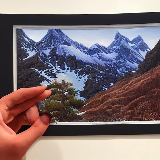 Prompt: pov image of [ a mountain landscape ] by artgerm and magali villanueve and michael whelan