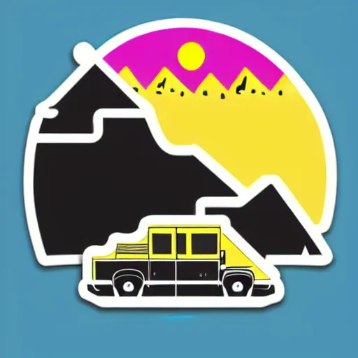 Image similar to a white and black cute thor chateau! motorhome camper!!, highway, mountains and sunset!!, very happy, colorful minimal vector art sticker by tom whalen