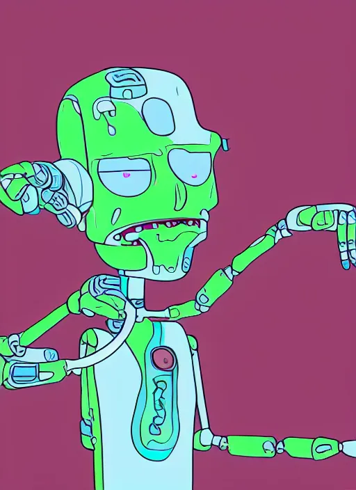 Image similar to an artificial intelligence in a robot short circuiting why studying how human hands look, rick and morty art style illustration, location is a robot factory
