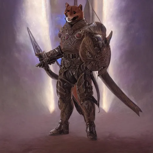 Image similar to paladin black armor, anthropomorphic shiba inu, shiba inu face, stuning 3 d render, masterpiece, glowing holy aura, by donato giancola and greg rutkowski and wayne barlow and zdzisław beksinski, realistic face