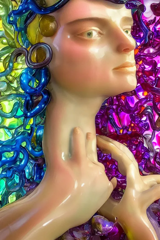 Prompt: full figure, beautiful colorful female glass sculpture, smooth, delicate facial features, crystal eye, iris, beautiful glass work, bright internal glow, by dale chihuly and daniel arsham and alphonse mucha, hdri, studio lighting, museum display