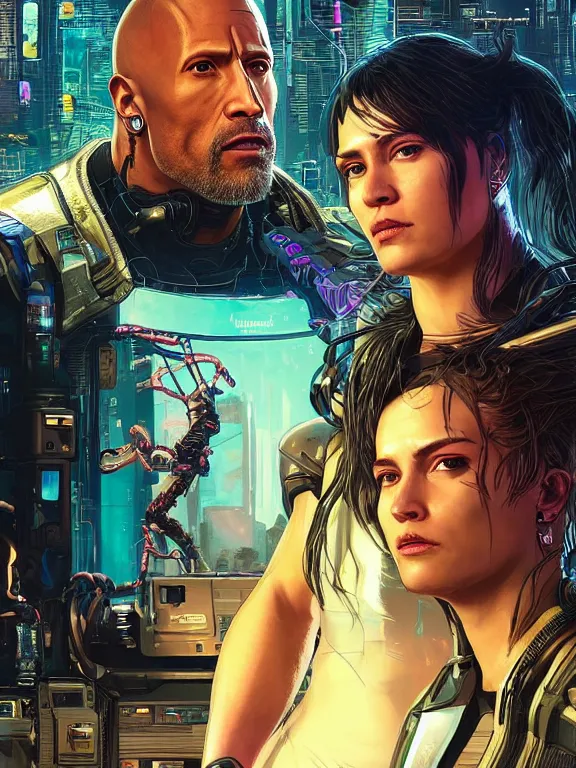 Image similar to a cyberpunk 2077 illustration half body portrait of Dwayne Johnson and a female android with complex mess of cables and wires behind them connected to giant computer, love,film lighting, by laurie greasley,Lawrence Alma-Tadema,William Morris,Dan Mumford, trending on atrstation, full of color, mythological, high detailed,golden ratio,cinematic lighting