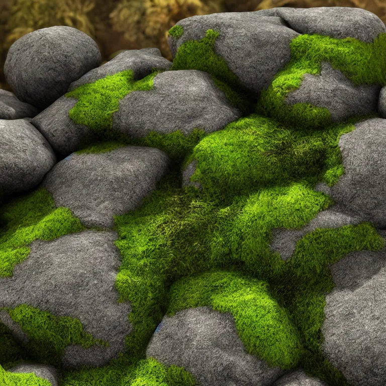 Prompt: ! dream rock with moss growing on it, 3 d render by keos masons, new sculpture, polycount, rendered in maya, physically based rendering