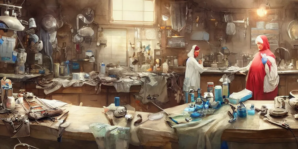 Image similar to an environmental concept art of a babushka surgeon in a cluttered mechanics workshop, surgical impliments, surgery table, highly detailed, cinematic, dramatic