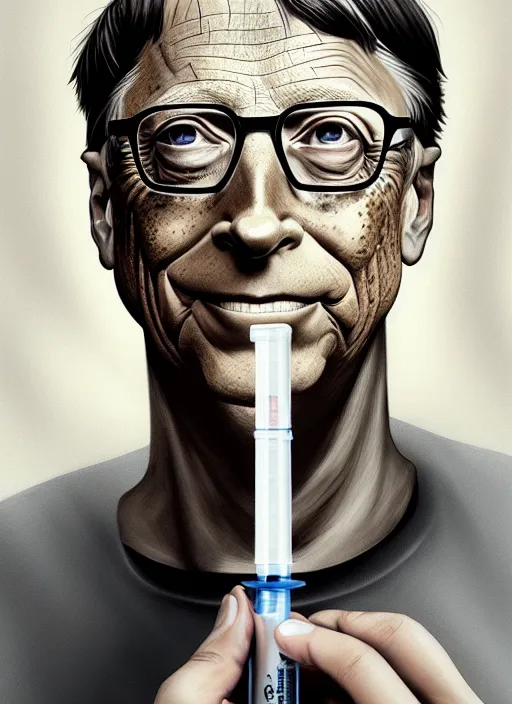 Image similar to bill gates as a reptile!!!, holding syringe, portrait, intricate, elegant, highly detailed, digital painting, artstation, concept art, wallpaper, smooth, sharp focus, illustration, art by h. r. giger and artgerm and greg rutkowski and alphonse mucha