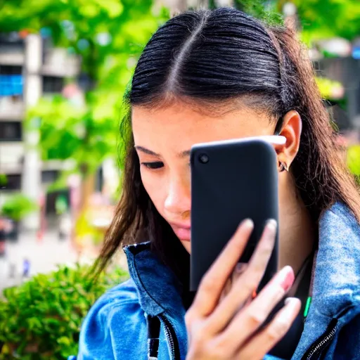 Image similar to candid photographic portrait of a poor techwear mixed young woman using a flip phone inside a dystopian city, closeup, beautiful garden terraces in the background, sigma 85mm f/1.4, 4k, depth of field, high resolution, 4k, 8k, hd, full color