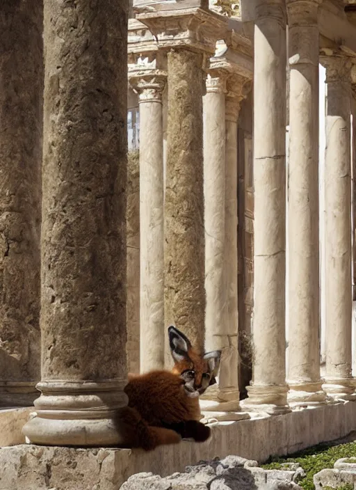 Image similar to hyper realistic fluffy caracal dressed in toga, in ancient greek city, marble columns, temple, olive trees, atmospheric beautiful details, strong composition painted by kim jung giu weta studio rutkowski, james gurney and greg rutkowski, and lucasfilm