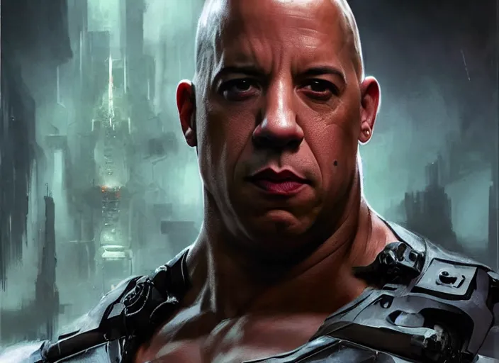 Image similar to vin diesel as victor stone, full body concept, cyborg, borg, strogg, face of a man, terminator, flesh, quake strogg, doom demon, wolfenstein, monstrous, powerful, symmetry, symmetrical, concept art by ruan jia and greg rutkowski