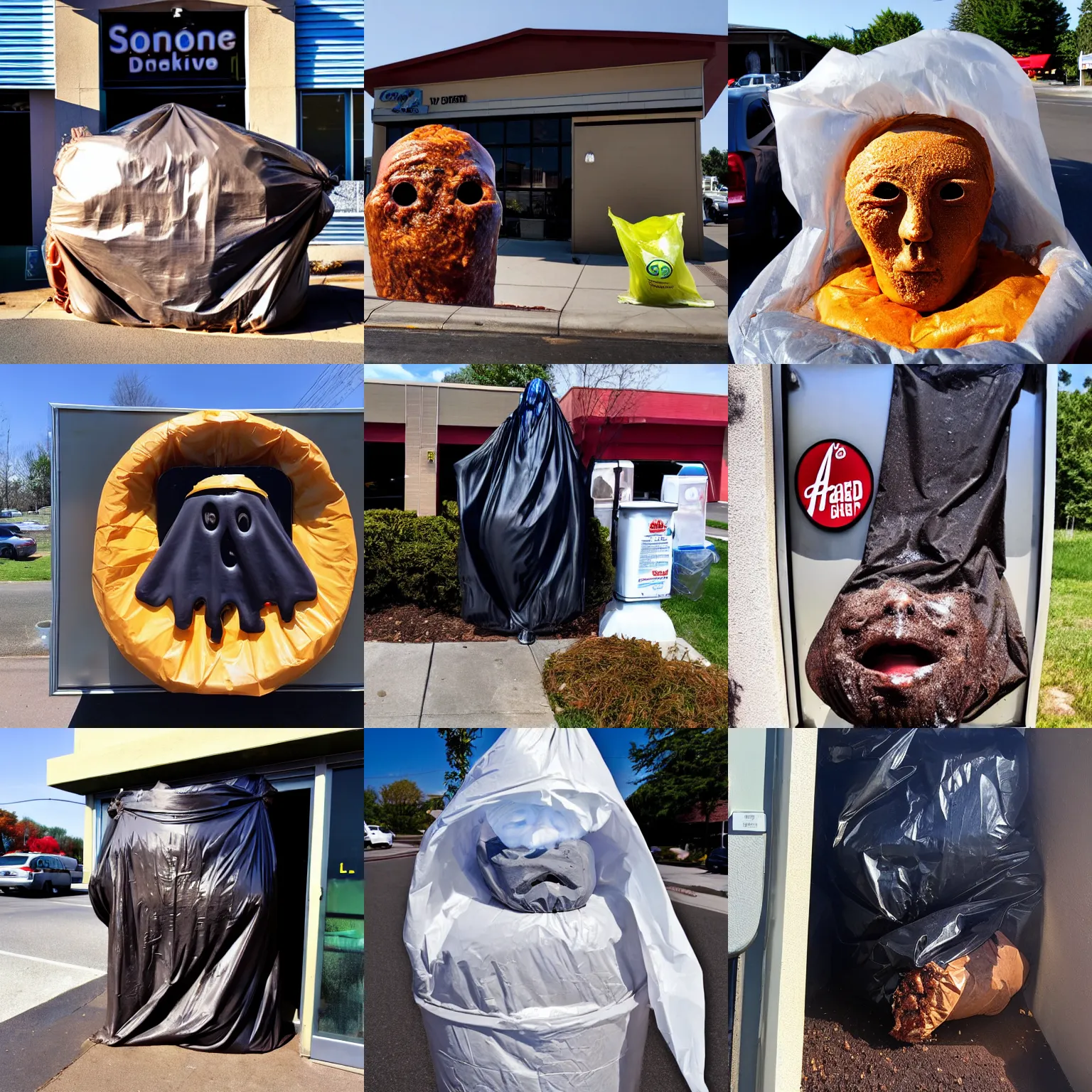 Prompt: steaming pareidolia garbage bag with human face baking in sun oozing goo outside arby's drive thru, fast food review, wide angle, specular highlights, fetid