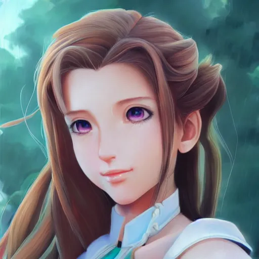 Image similar to high quality art of aerith aeris by logan cure, BangkuART, sakimichan, yan gisuka, zeronis, dan eder, nick silva, Ja Mong, 4k, artstation