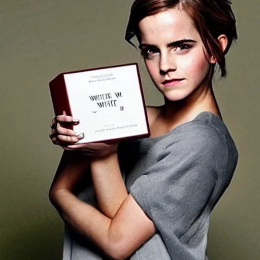 Prompt: Emma Watson holding a tiny Walter white