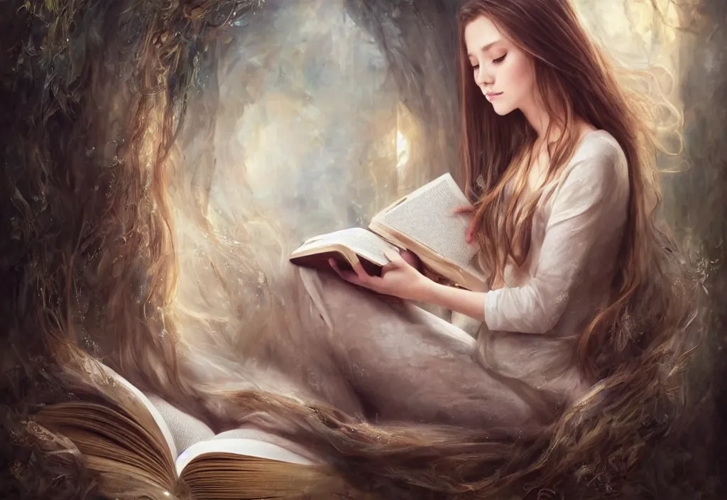 Image similar to a girl reading a book, hair flowing down, 8 k, hyperrealistic, hyperdetailed, fantasy portrait by laura sava, singular woman