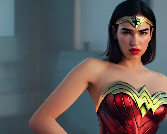 Prompt: Dua Lipa As Wonder Woman, Playboy Centerfold, Full Figure, 8K, octane render, HDR, photorealistic, volumetric lighting, Hyperrealistic-H 960