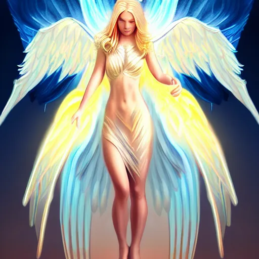 Prompt: Winged girl angel with blonde hair and glowing halo, iridescent, seraphim, fantasy, intricate, elegant, highly detailed, digital painting, artstation, concept art, smooth, sharp focus, illustration, art by PHAZED