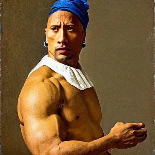 Image similar to Dwayne Johnson with a pearl earring by Johannes Vermeer