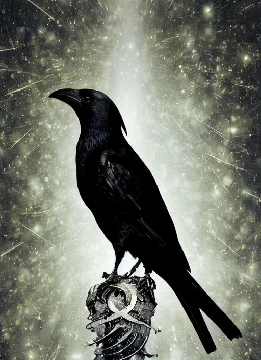 Image similar to glowing silver and golden elements, full close-up portrait, crow portrait from shutterstock, book cover, green forest, white moon, red lips, establishing shot, extremly high detail, photo-realistic, cinematic lighting, pen and ink, intricate line drawings, by Yoshitaka Amano, Ruan Jia, Kentaro Miura, Artgerm, post processed, concept art, artstation, matte painting, style by eddie mendoza, raphael lacoste, alex ross