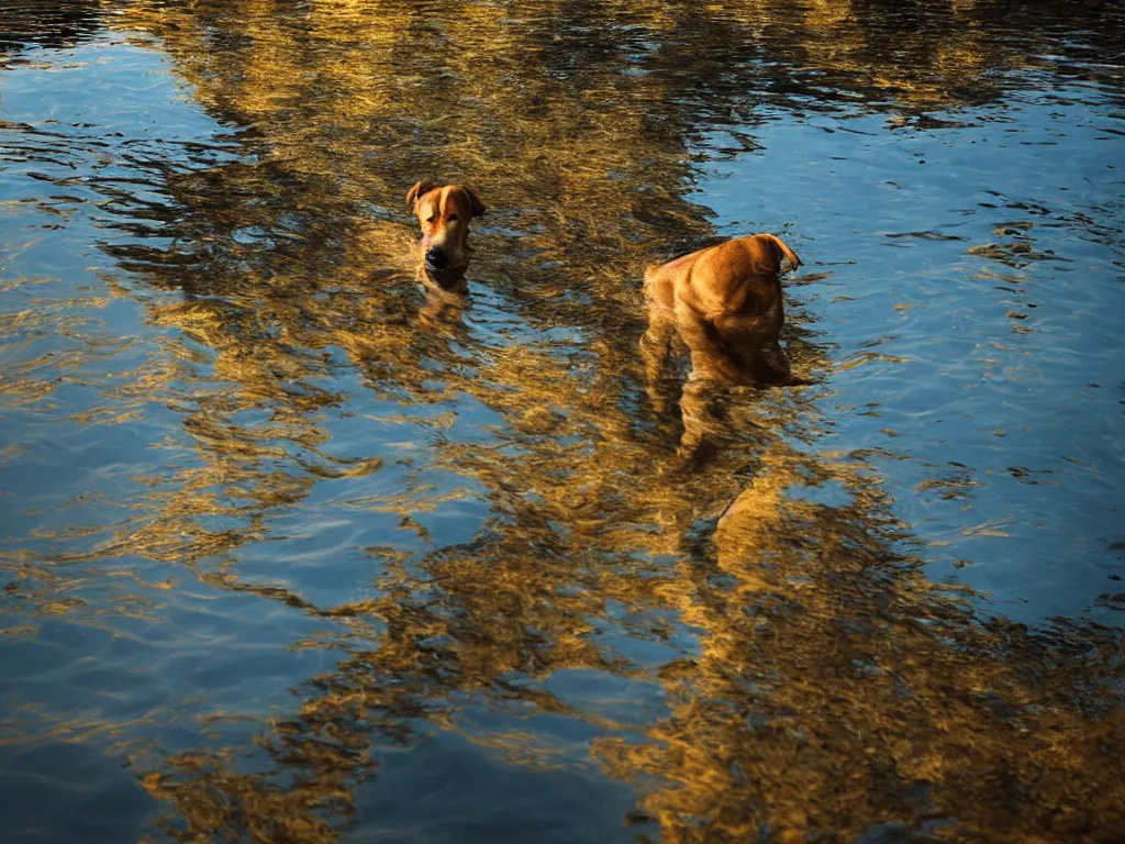 Image similar to a dog looking down at its reflection in water, ripples, river, beautiful!!!!!! swiss forest, photograph, golden hour, octane render, high resolution