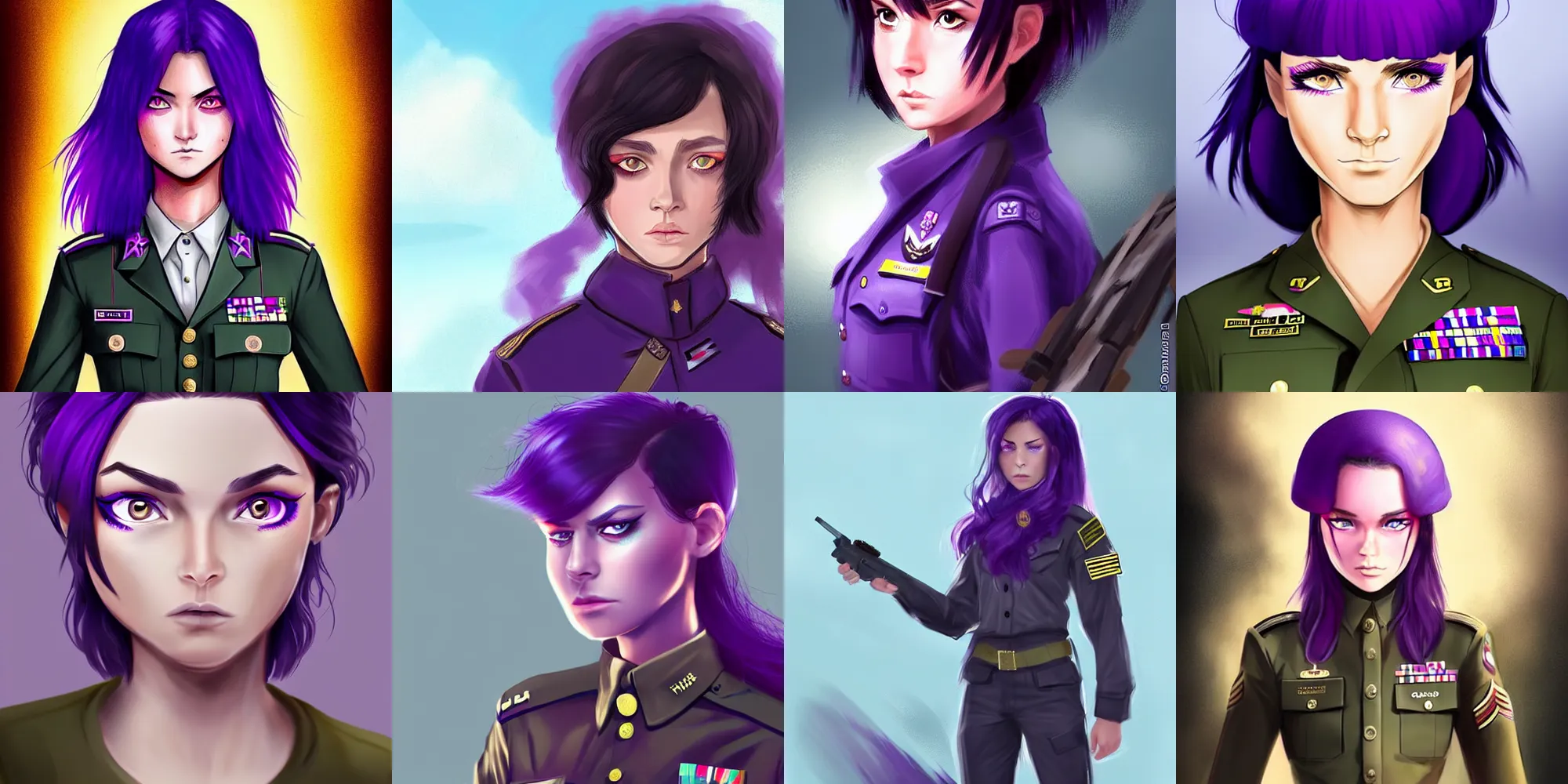 Prompt: the girl was dressed in a military uniform. her hair that was short and black, gleamed slightly in the sun. her purple eyes gazes with power, digital concept art