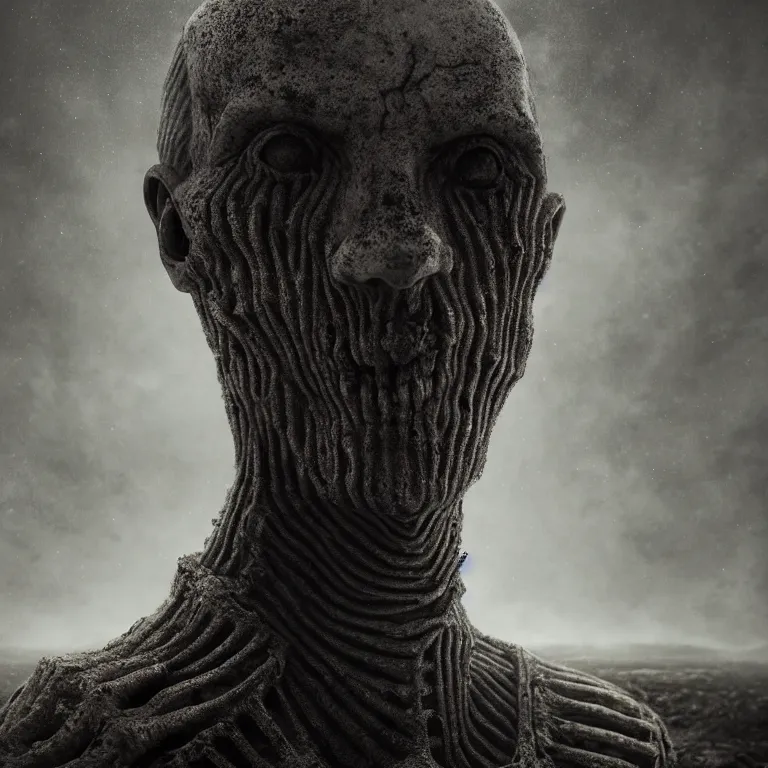 Image similar to ribbed man face portrait, baroque painting, standing in a desolate empty wasteland, creepy, nightmare, dream-like heavy atmosphere, surreal abandoned buildings, beautiful detailed intricate insanely detailed octane render trending on Artstation, 8K artistic photography, photorealistic, chiaroscuro, Raphael, Caravaggio, Beksinski, Giger