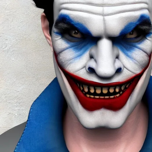 Image similar to 3 d render of a photorealistic human troll face with joker makeup wearing a suede leather jacket blue jeans, 8 k, very detailed, very intricate, white background,