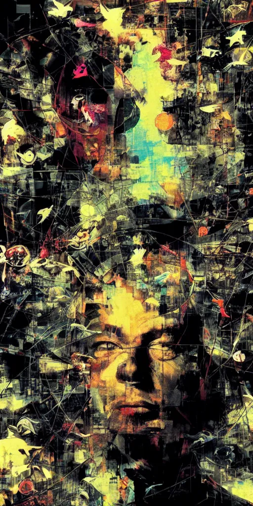 Image similar to a daydreaming hacker under progressive rasterization is surrounded by digital birds, neon virtual networks, and information visualization, oil on canvas by dave mckean and yoji shinkawa