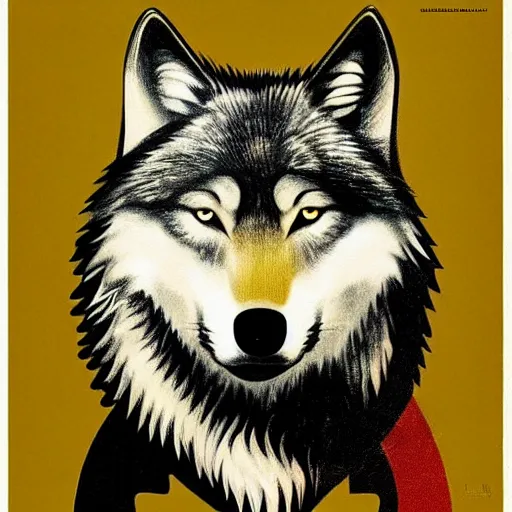Image similar to wolf portrait, soviet propaganda poster style, populism, propaganda, lies, squint eyes