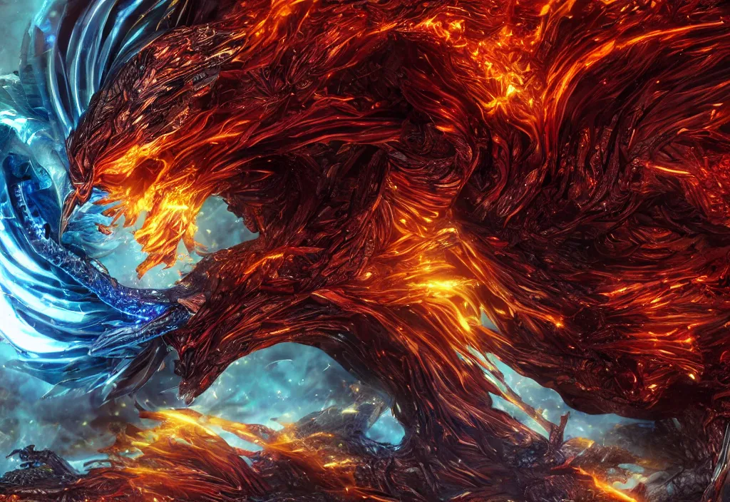 Image similar to close-up macro portrait of the dark phoenix, epic angle, epic pose, symmetrical artwork, photorealistic, iridescent, 3d with depth of field, blurred background. cybernetic phoenix bird, translucent dragon, nautilus. energy flows of water and fire. a highly detailed epic cinematic concept art CG render. made in Maya, Blender and Photoshop, octane render, excellent composition, cinematic dystopian brutalist atmosphere, dynamic dramatic cinematic lighting, aesthetic, very inspirational, arthouse