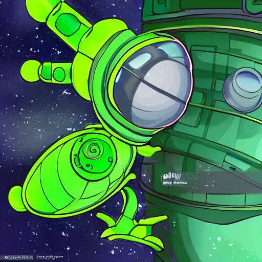 Prompt: a cute green caterpillar spinning a chrysalis inside a space station, sci-fi illustration