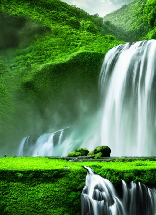 Prompt: a large waterfall in the middle of a green valley, a detailed matte painting by jacob willemszoon de wet, shutterstock contest winner, naturalism, sense of awe, national geographic photo, unreal engine