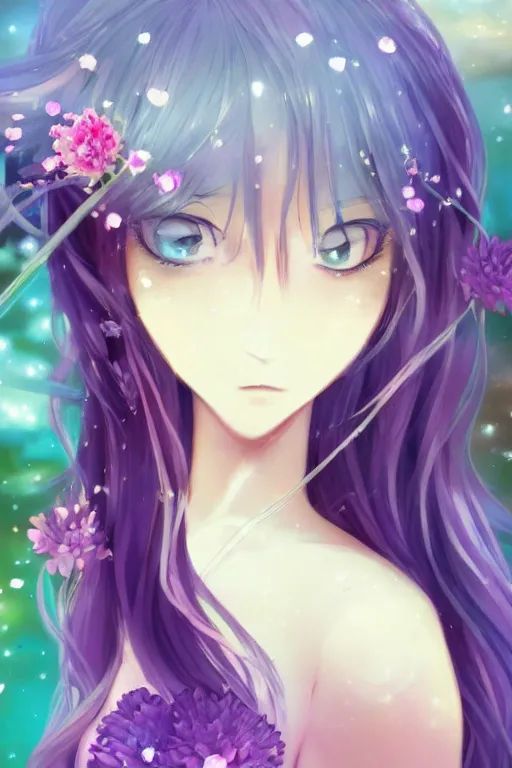 Image similar to whimsical, anime, 4k, beautiful intimate woman with professional makeup, long purple hair, a crystal and flower dress, sitting in on a reflective pond underneath the stars, rainbow fireflies, trending on patreon, deviantart, twitter, artstation, subtle and detailed, heavy contrast, art style of Ross Tran and Ilya Kuvshinov