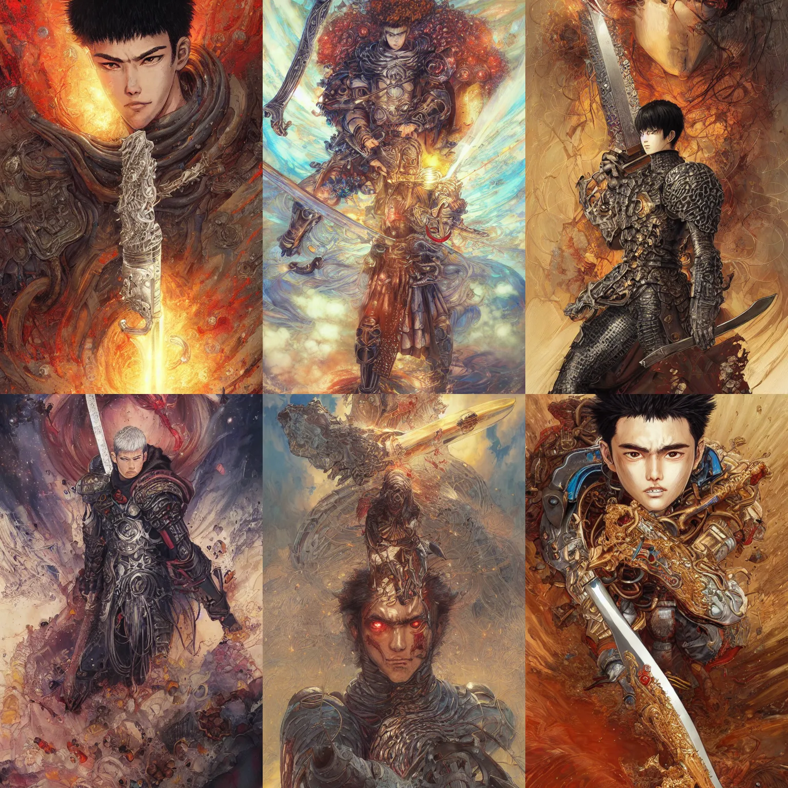 Prompt: extremely detailed portrait poster with guts from berserk holding a giant sword by yoann lossel, hikari shimoda, amano, yoshiyuki tomino, kilian eng, josan gonzalez, 90-s anime aesthetics, rich fluffy moody mild colours, ethereal, trending on artstation