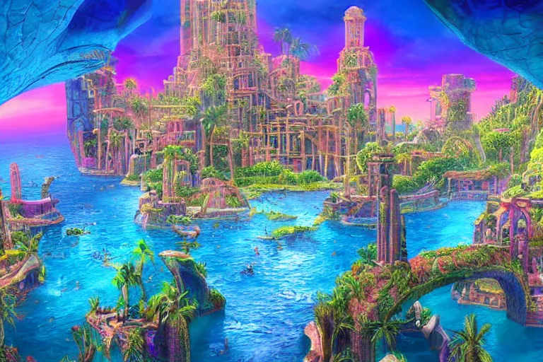 Image similar to lost city of atlantis, hyper realism, colorful, 8 k, realistic, psychedelic