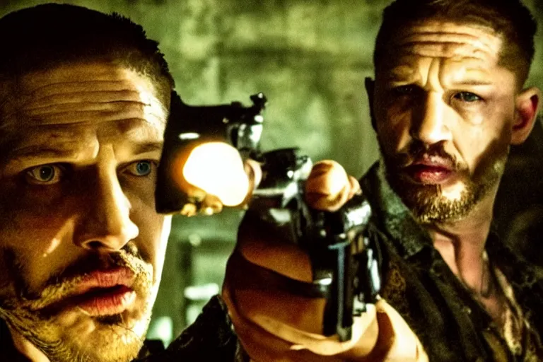 Image similar to film still of Tom Hardy as Max Payne in a creepy funhouse in the Max Payne movie, 4k