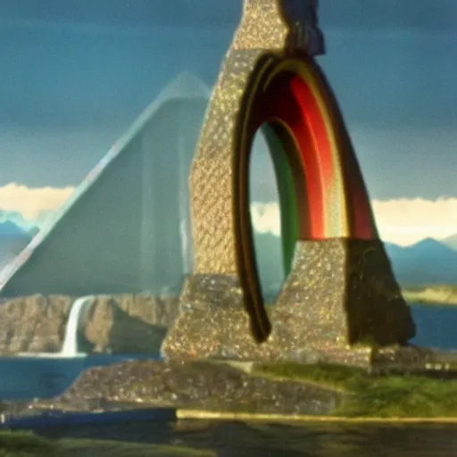 Image similar to rainbow bridge of asgard, film still, highly detailed, shimmering, sparkling, magical