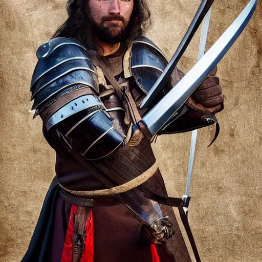 Prompt: portrait photograph of a medieval warrior from koingation, human with wolf ears and a wolf tail, holding an arming sword wearing light leather armor, fantasy character design, hyper realistic