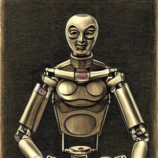 Image similar to sketch of a complex humanoid robot by leonardo da vinci and James McCarthy