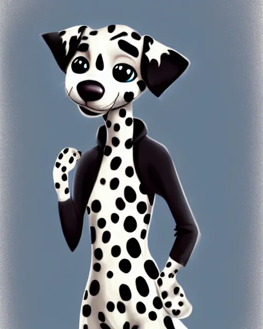 Prompt: digital painting full body of anthropomorphic furry female dalmatian dog, in style of zootopia, female fursona, furry, furaffinity, 4 k, deviantart, furry art, fursona art, wearing a black hoodie, dog fursona, female, cute detailed feminine face,