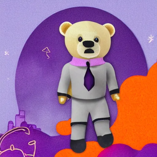 Image similar to cartoon bear wearing clothes being launched out of a futuristic machine into a purple and orange cloud land