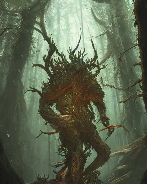 Prompt: A forest elemental, huge, highly detailed, fantasy art, monster art, in the style of greg rutkowski, illustration, epic, fantasy, intricate, hyper detailed, artstation, concept art, smooth, sharp focus, ray tracing