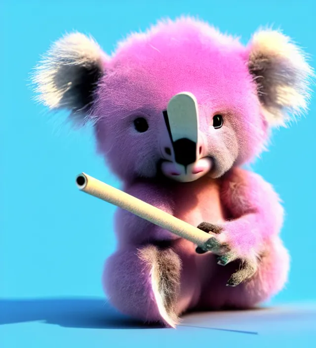 Image similar to high quality 3 d render hyperrealistic very cute small pink koala smoking joint, smoke rising from the joint, plush mascot, short spiky dense fluffy smooth hair, photo from the side, pink fluffy fur, 1 5 0 mm, beautiful natural soft light, rim light, vray, smooth background, artstation, ultra detailed