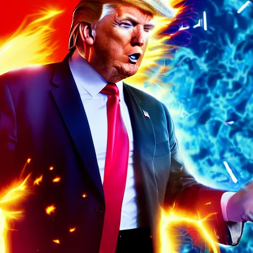 Image similar to ultra - realistic, 3 d render of donald trump going super - saiyan with manga energy explosion in the background, octane render