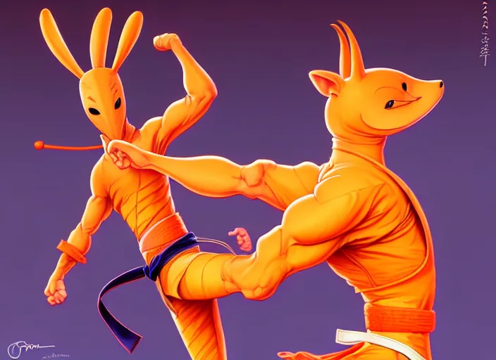 Prompt: a anthropomorphic carrot wearing karate gi, diffuse lighting, fantasy, dojo background, intricate, elegant, highly detailed, lifelike, photorealistic, digital painting, artstation, illustration, concept art, smooth, sharp focus, art by frank frazetta and marco bucci and loish and rossdraws and artgerm and alphonse mucha